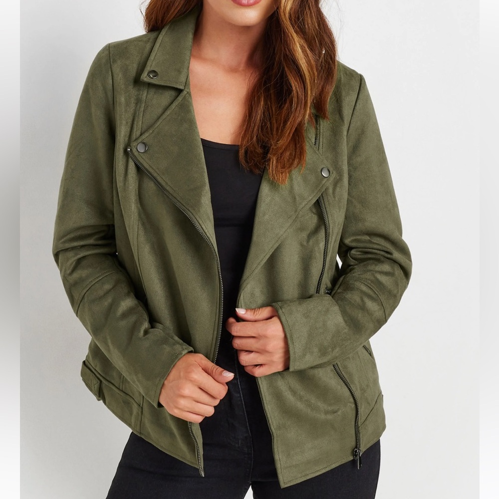 NWOT Vince Camuto Vegan Faux-Suede Microfiber Moto Full-Zip Jacket. Olive Green.